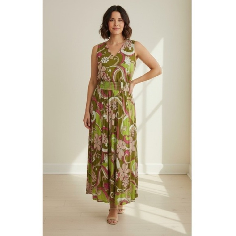 SALE Kate and Lily Maxi Dress Womens 12 Green Pink Floral Mesh Retro 70s Groovy